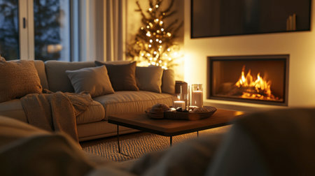 A cozy living room with a plush sofa, a coffee table, and a roaring fireplace, decorated with warm tones and soft lighting.の素材