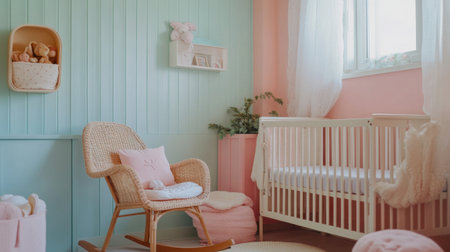 A cozy nursery with a crib, a rocking chair, and soft pastel decor, creating a peaceful environment for a newborn.の素材