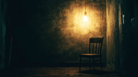 A dimly lit room with a single, illuminated light bulb, casting long shadows and creating a mysterious atmosphere.の素材