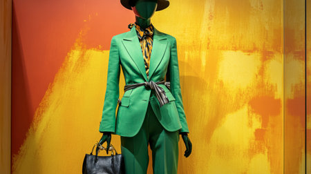 A fashion-forward outfit featuring a green blazer, matching trousers, and stylish accessories, displayed on a mannequin.の素材