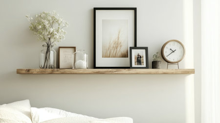 A floating shelf in a bedroom, adorned with framed photos, a clock, and a small vase of fresh flowers, creating a personal touch.の素材