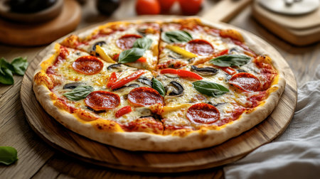 A freshly baked pizza with a crispy crust, melted cheese, pepperoni, and colorful vegetables, sliced and ready to eat.の素材
