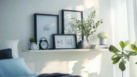 A floating shelf in a bedroom, adorned with framed photos, a clock, and a small vase of fresh flowers, creating a personal touch.の素材