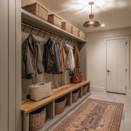 A functional mudroom with storage benches, hooks for coats,の素材