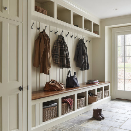 A functional mudroom with storage benches, hooks for coats,の素材