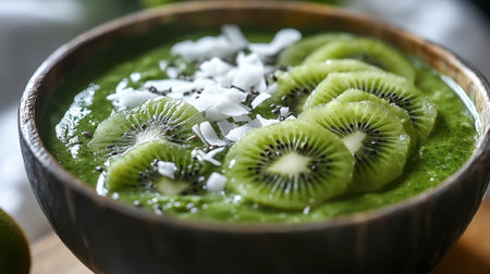 A fresh green smoothie bowl topped with kiwi slices, coconut flakes, and a drizzle of honey.の素材