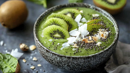 A fresh green smoothie bowl topped with kiwi slices, coconut flakes, and a drizzle of honey.の素材