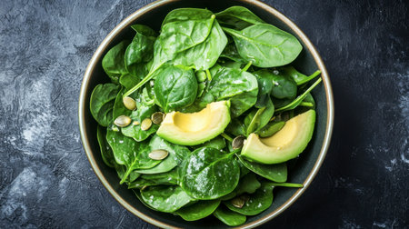 A fresh green salad bowl with ingredients like spinach, avocado, and pumpkin seeds, served with a light dressing.の素材