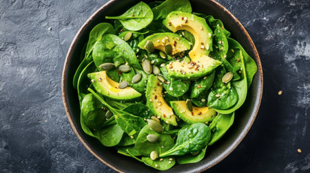 A fresh green salad bowl with ingredients like spinach, avocado, and pumpkin seeds, served with a light dressing.の素材
