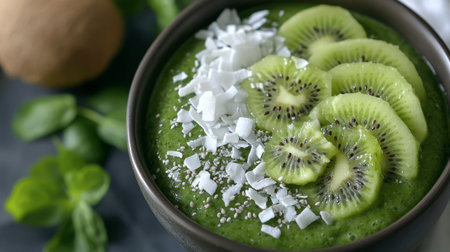 A fresh green smoothie bowl topped with kiwi slices, coconut flakes, and a drizzle of honey.の素材