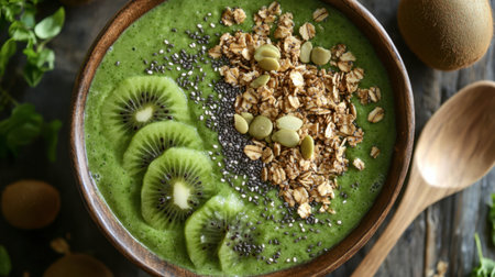 A green smoothie bowl topped with granola, sliced kiwi, and chia seeds, served with a wooden spoon.の素材