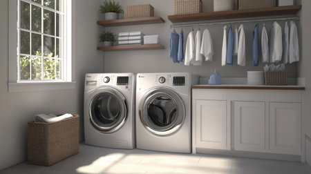 A functional laundry room with a washer and dryer, open shelving for storage, and a folding station.の素材