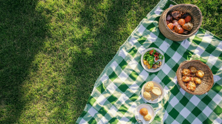 A green and white checkered picnic blanket spread out on a grassy field, with a picnic basket and plates of food.の素材