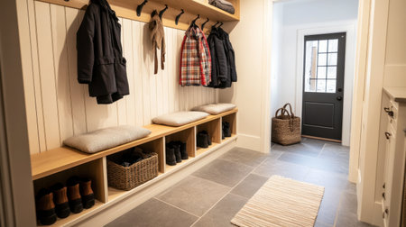 A functional mudroom with storage benches, hooks for coats, and a shoe rack, organized for busy family life.の素材