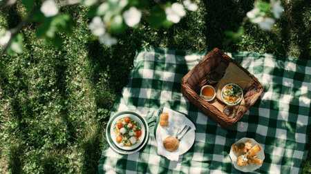 A green and white checkered picnic blanket spread out on a grassy field, with a picnic basket and plates of food.の素材