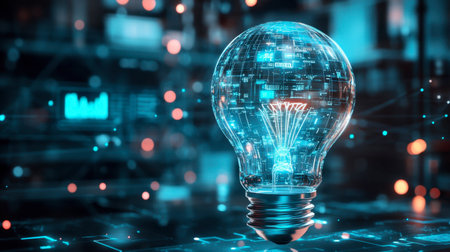 A futuristic light bulb design with smart technology, glowing in a cool blue hue, surrounded by holographic data displays.の素材