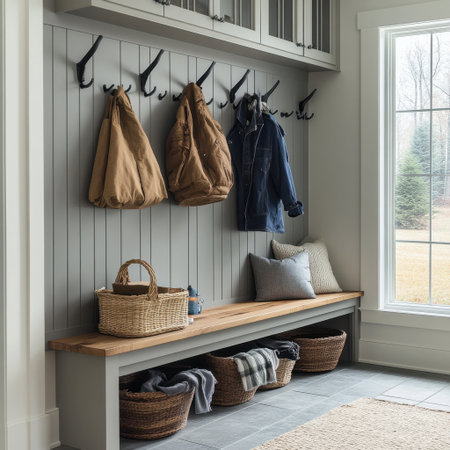 A functional mudroom with storage benches, hooks for coats,の素材