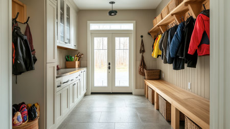 A functional mudroom with storage benches, hooks for coats, and a shoe rack, organized for busy family life.の素材