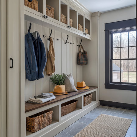 A functional mudroom with storage benches, hooks for coats,の素材
