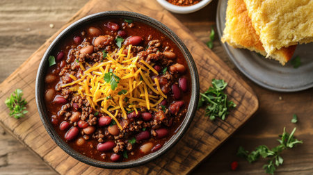 A hearty bowl of chili with beans, ground beef, tomatoes, and spices, topped with shredded cheese and served with cornbread.の素材