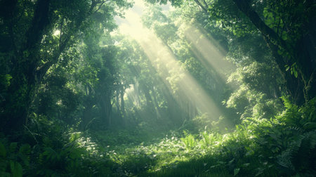A lush green forest with tall trees, dense foliage, and sun rays filtering through the canopy, creating a serene atmosphere.の素材