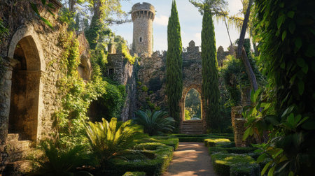 A historic castle with stone walls, a moat, and lush gardens, creating a picturesque and grand scene.の素材