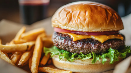 A juicy burger with a perfectly grilled patty, lettuce, tomato, cheese, and a toasted bun, served with a side of crispy fries.の素材