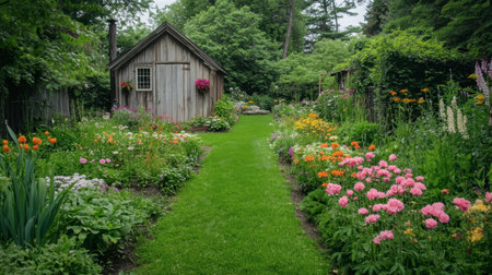 A lush green garden path lined with blooming flowers, leading to a charming garden shed.の素材