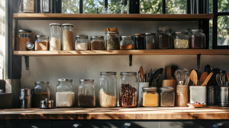 A kitchen shelf stocked with glass jars of spices, neatly arranged utensils, and a few cookbooks, all bathed in warm, natural light.の素材