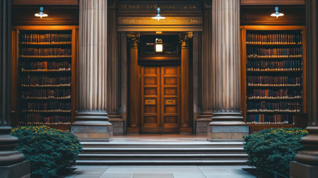 A historic library with grand architectural features, large columns, and a beautifully manicured entrance.の素材