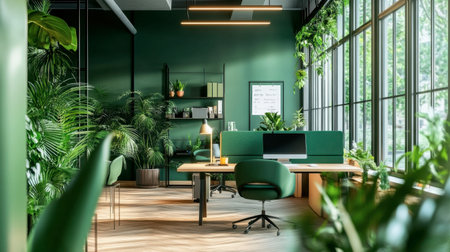A modern office space with green accent walls, green office chairs, and lush indoor plants, creating a refreshing work environment.の素材