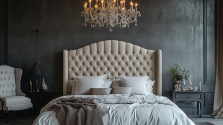 A luxurious bed with a tufted headboard, silky sheets, and a chandelier hanging above, in an elegant bedroom.の素材
