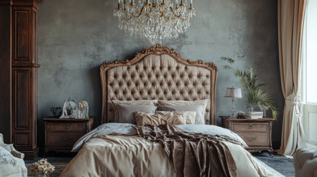 A luxurious bed with a tufted headboard, silky sheets, and a chandelier hanging above, in an elegant bedroom.の素材