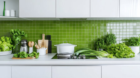 A modern kitchen with green backsplash tiles, white countertops, and a variety of fresh green vegetables on display.の素材