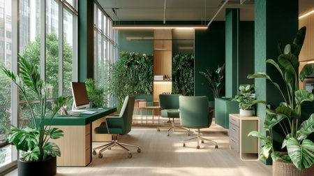 A modern office space with green decor, including plants, green office chairs, and a green desk lamp.の素材