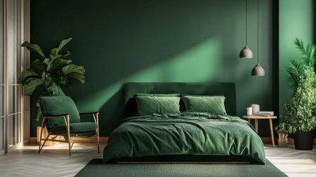 A modern bedroom with a green accent wall, green bedding, and minimalistic decor, creating a calming atmosphere.の素材