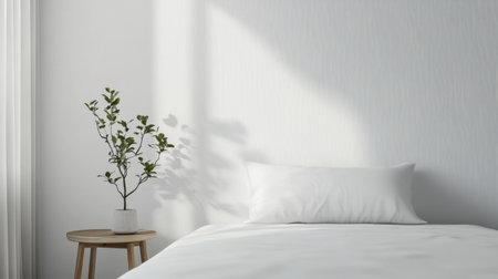 A minimalist bed with simple white sheets, a single pillow, and a small potted plant on the bedside table.の素材