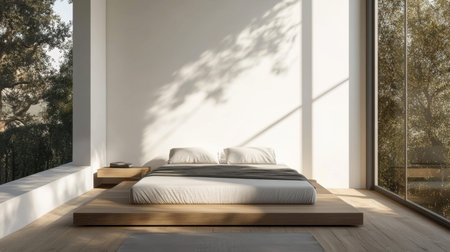 A minimalist bedroom with a platform bed, a simple nightstand, and a large window offering a view of the outdoors.の素材