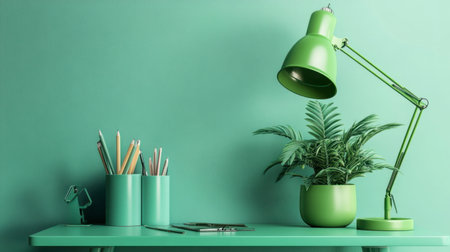 A neatly organized desk with green stationery, a green plant in a pot, and a green desk lamp, creating a productive workspace.の素材