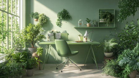 A modern workspace with a green desk, green office chair, and plenty of greenery, creating a fresh and inspiring environment.の素材