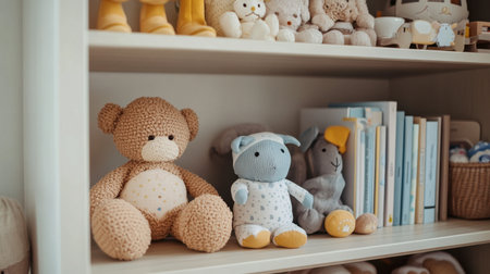 A nursery shelf filled with soft toys, baby books, and a few tiny shoes, creating a warm and welcoming atmosphere.の素材