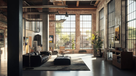 A renovated warehouse turned into a trendy loft space, featuring high ceilings, large windows, and an urban vibe.の素材