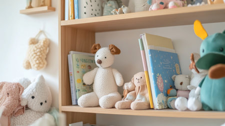 A nursery shelf filled with soft toys, baby books, and a few tiny shoes, creating a warm and welcoming atmosphere.の素材