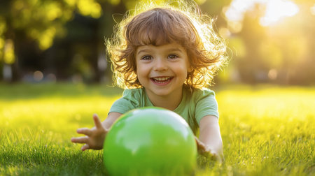 A playful child in a green park, wearing a green shirt and playing with a green ball, enjoying the outdoors.の素材