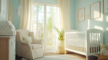 A nursery with a crib, a rocking chair, and soft pastel decor, creating a peaceful environment for a newborn.の素材