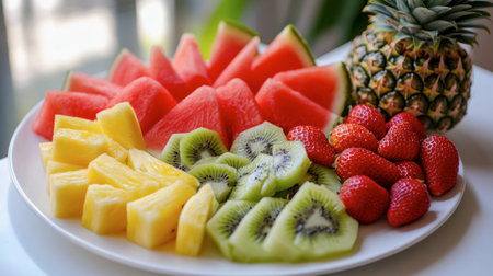 A refreshing fruit platter with an assortment of sliced watermelon, pineapple, kiwi, and strawberries, arranged on a white plate.の素材