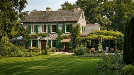 A rustic farmhouse with green shutters, a green roof, and surrounded by well-kept green lawns and gardens.の素材