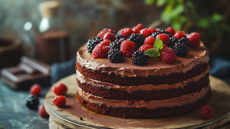 A rich chocolate cake with layers of moist sponge, creamy frosting, and a dusting of cocoa powder, garnished with fresh berries.の素材