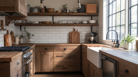A rustic kitchen with wooden cabinets, open shelving, and a farmhouse sink, creating a warm, inviting space.の素材