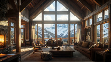 A scenic mountain lodge with rustic wooden beams, large windows, and a cozy, inviting atmosphere.の素材